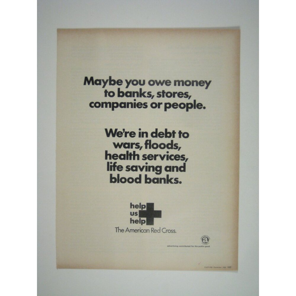 Vintage American Red Cross We are In Debt 1960s ADVERT Print Ad